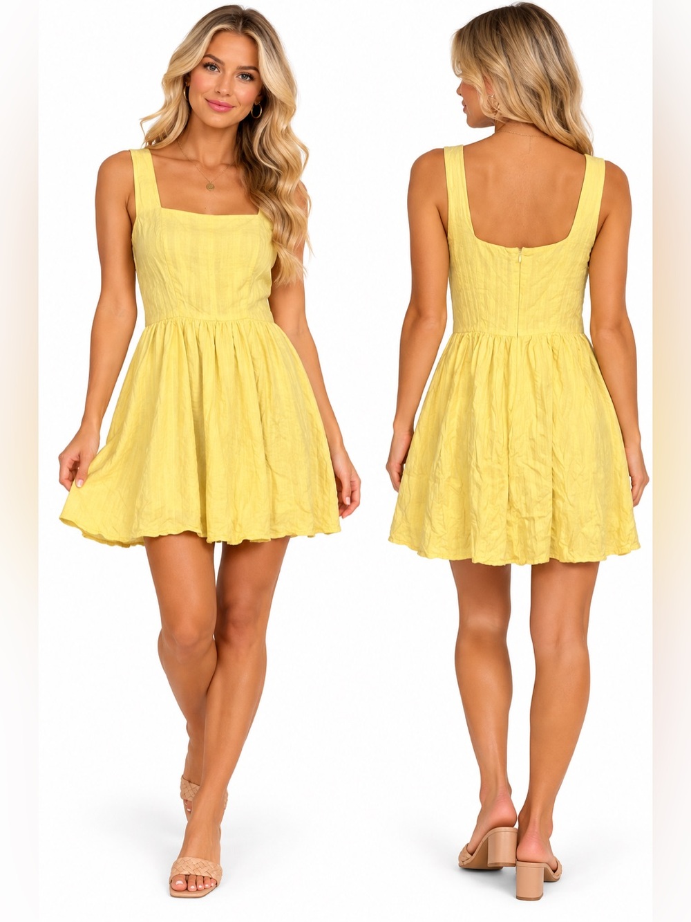 White Fox Size Medium Yellow Square-Neck Sundress - Lightweight Summer Dress
